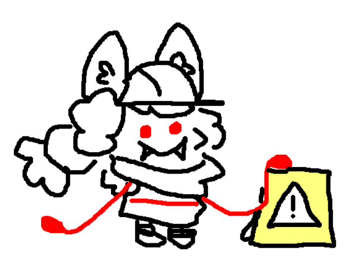 A crude MS Paint drawing of PinchBees' person wearing a hard hat cut around its ears. It is touching a caution sign with one of its appendage.